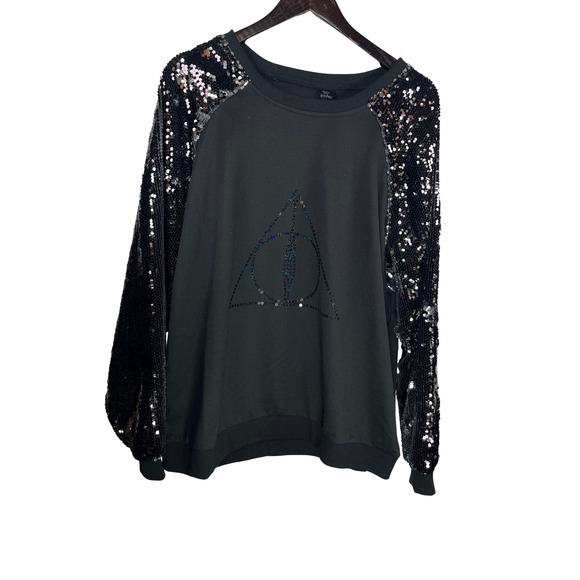 The Wizarding World of Harry Potter Tops - Harry Potter Deathly‎ Hallows Sweatshirt XXXL Black Sequin Sleeves Pullover